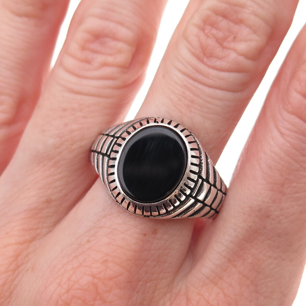 Paul Brackna 925 Sterling Silver Vintage Real Black Onyx Oxidized Ring Size 12.5